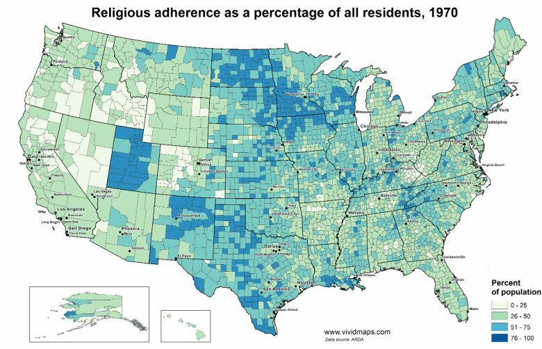 Przynależność religijna jako procent wszystkich mieszkańców USA, 1890 - 2010 (animacja)