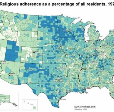 Przynależność religijna jako procent wszystkich mieszkańców USA, 1890 - 2010 (animacja)