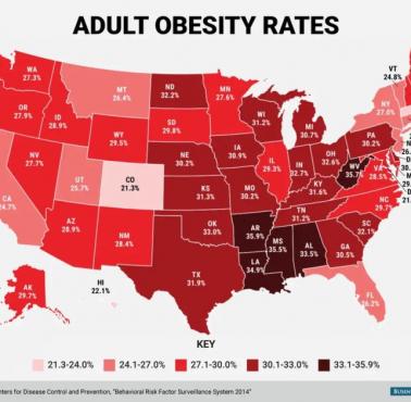 Współczynnik otyłości według stanu USA, 2014