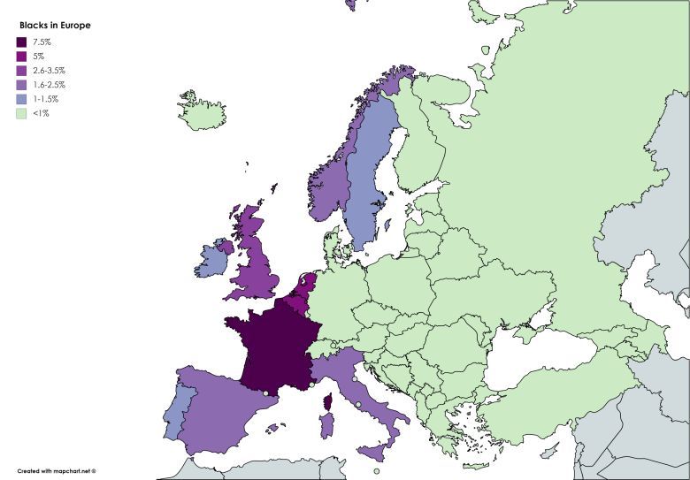 Odsetek czarnoskórych obywateli w poszczególnych państwach Europy