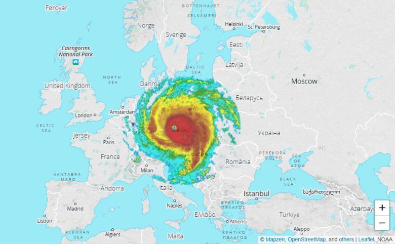 Rozmiar huraganu Irma na tle mapy Europy