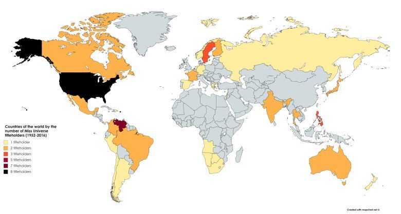 Tytuły Miss Universe z podziałem na kraje, 1952-2016