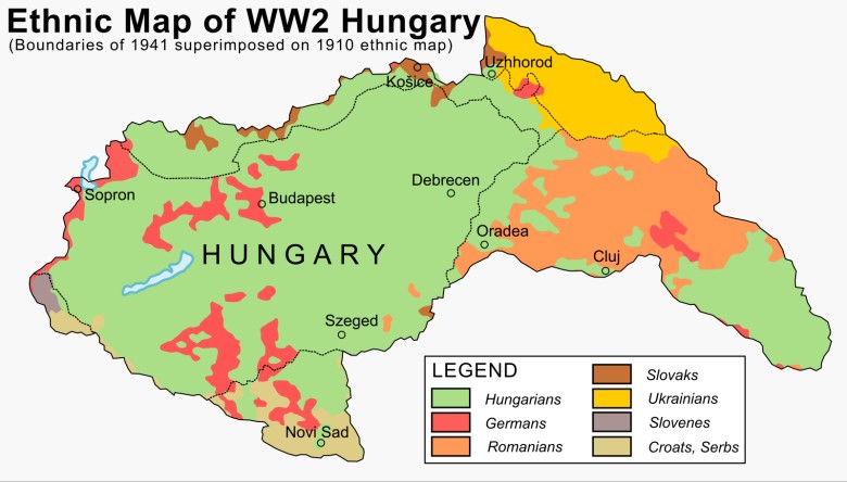 Etniczna mapa Węgier z 1941 roku oparta na danych z 1910 roku