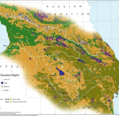 Mapa Kaukazu z uwzględnieniem lasów, jezior, terenów zurbanizowanych i górskich ...