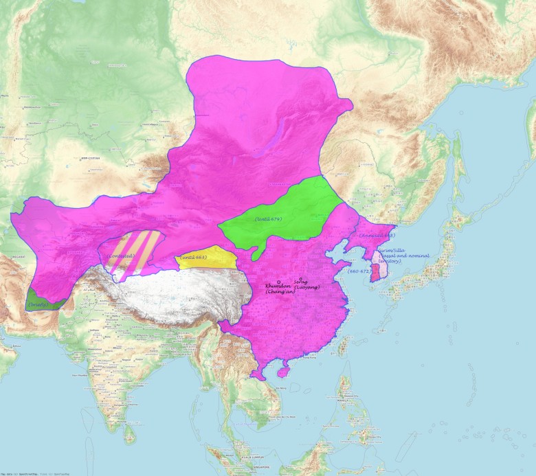 Zasięg panowania chińskiej dynastii Tang, 618-907 n.e.