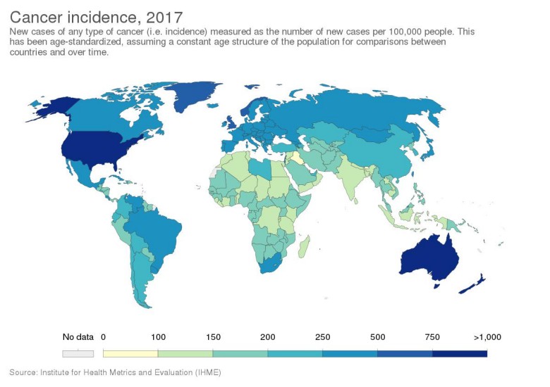 Mapa zdiagnozowanych (wykrytych) nowotworów na 100 tys. mieszkańców obu płci na świecie, 2017