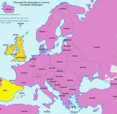 Słowo "ananas" w różnych europejskich językach