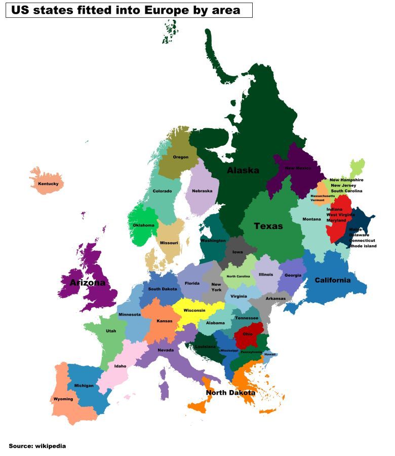 Rozmiar poszczególnych stanów USA na tle Europy