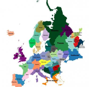 Rozmiar poszczególnych stanów USA na tle Europy