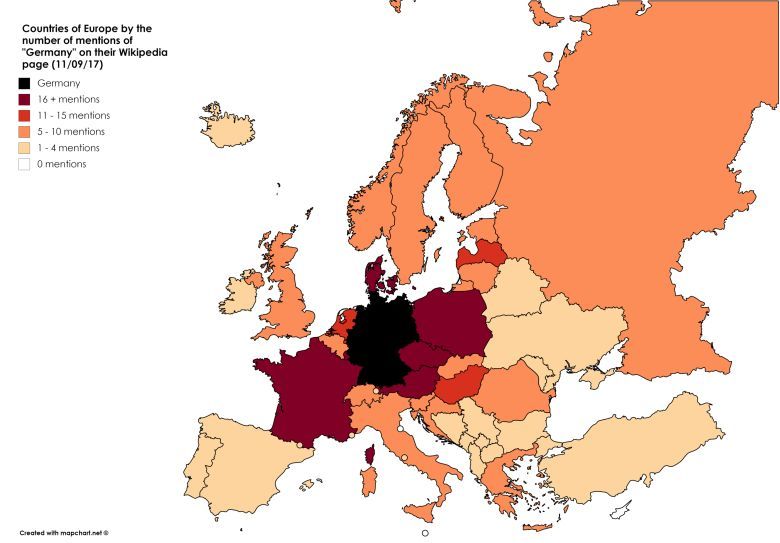Kraje Europy według liczby wzmianek o Niemcach na ich stronach Wikipedii