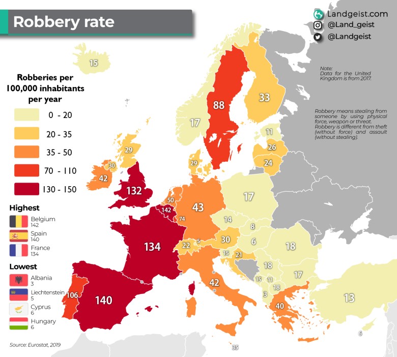 Wskaźnik napadów rabunkowych w poszczególnych krajach Europy, Eurostat 2019