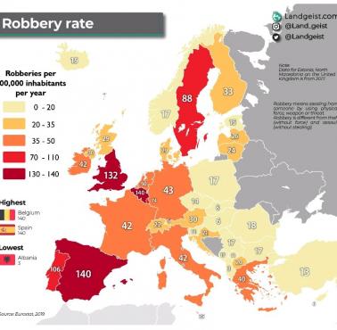 Wskaźnik napadów rabunkowych w poszczególnych krajach Europy, Eurostat 2019