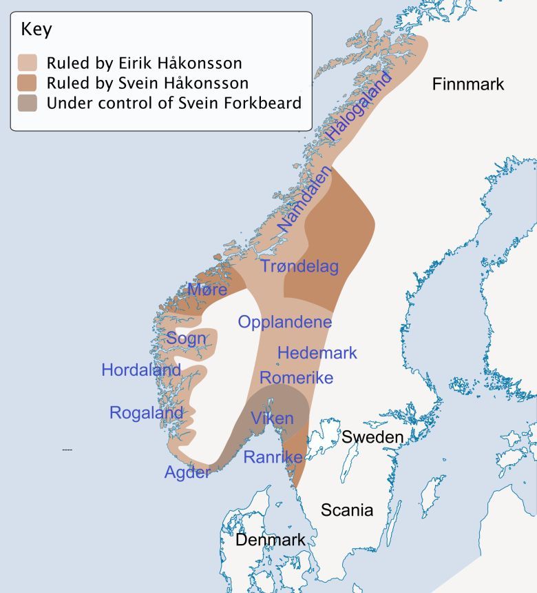 Mapa Norwegii po Bitwie pod Svold, 1000 n.e.