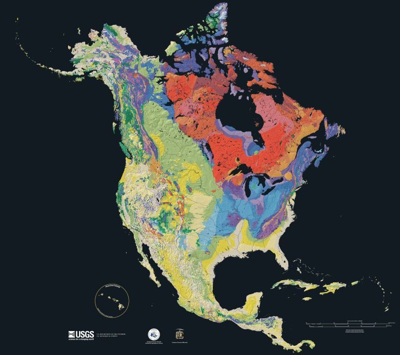 Geologiczna mapa Ameryki Północnej. Wiek skał - od najstarszych (kolor czerwony), niebieski, zielony, żółty