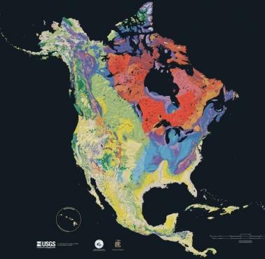 Geologiczna mapa Ameryki Północnej. Wiek skał - od najstarszych (kolor czerwony), niebieski, zielony, żółty