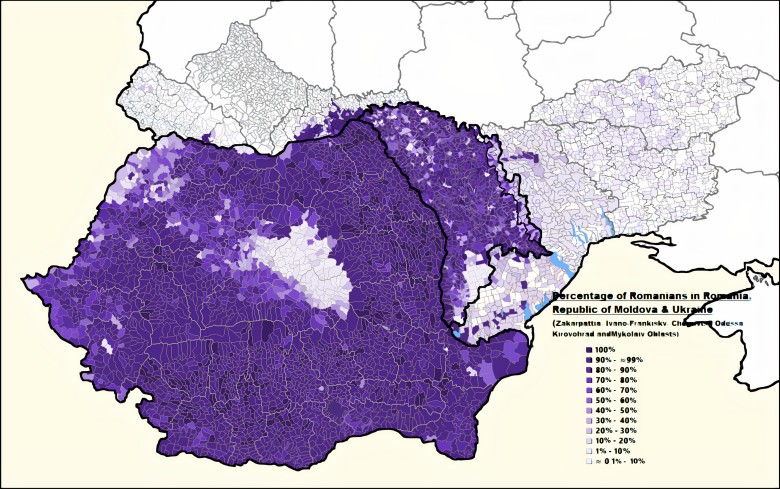Odsetek Rumunów w Republice Mołdawii i Ukrainie (Zakarpacie, Iwano-Frankowsk, Czerniowiecki, Odeski, Kirowohrad i Mikołajów)