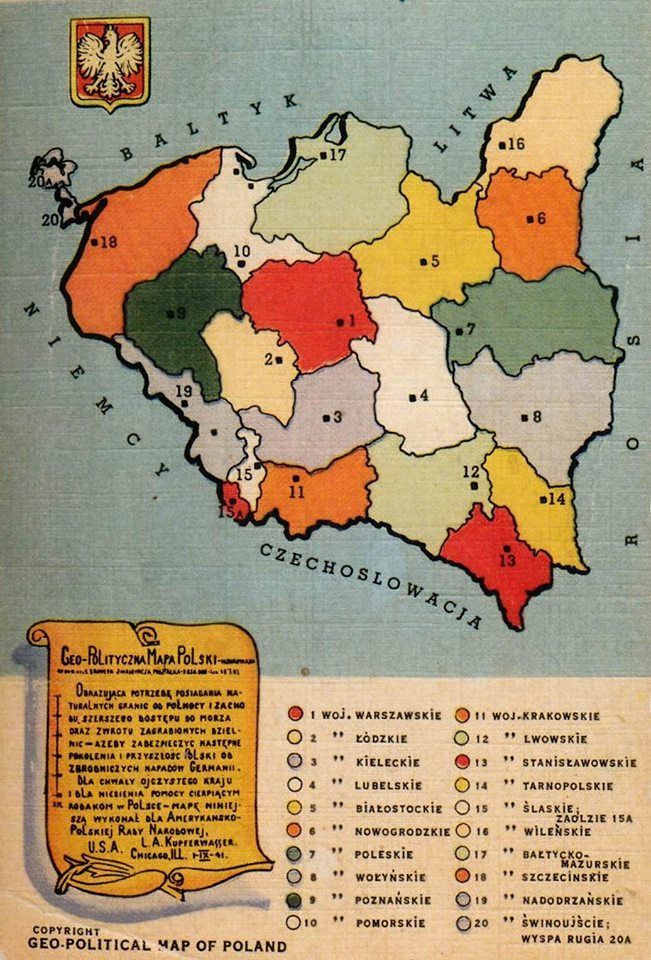 Geopolityczna mapa Polski nakreślona w 1941 r. przez Lucjusza Kupferwassera dla Amerykańsko-Polskiej Rady Narodowej