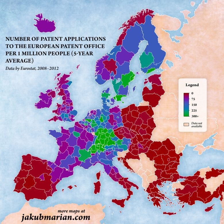 Liczba zgłoszeń patentowych na mieszkańca w Europie według regionów, Eurostat, 2008-2012