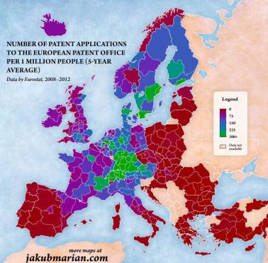 Liczba zgłoszeń patentowych na mieszkańca w Europie według regionów, Eurostat, 2008-2012