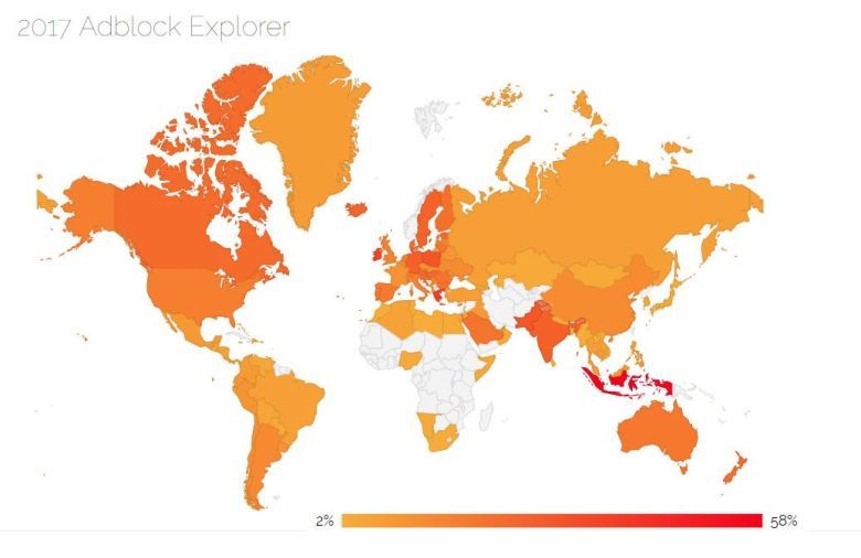 Popularność AdBlocka w poszczególnych państwach świata, 2017