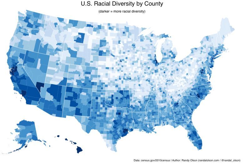 Etniczna mapa USA. Mapa różnorodności rasowej/etnicznej w USA z podziałem na hrabstwa, 2010