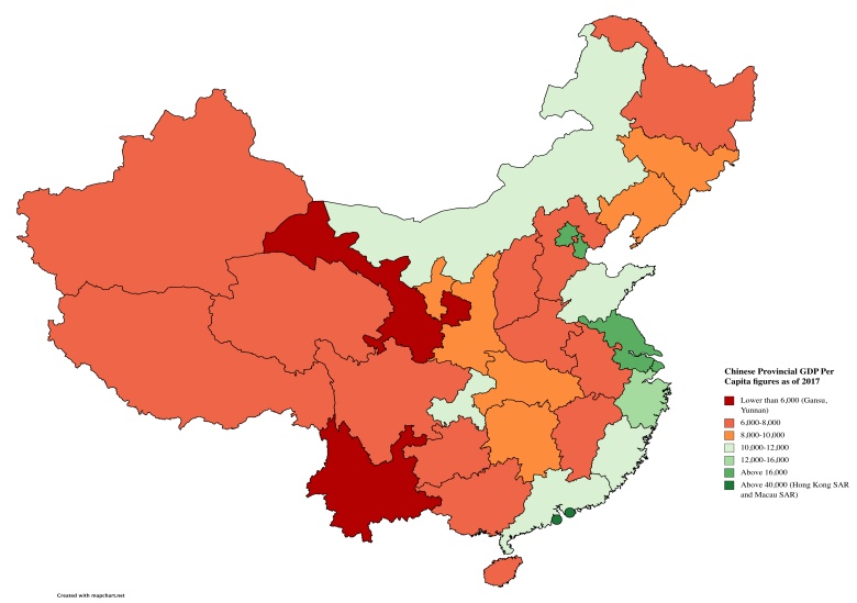 Chiny, PKB na mieszkańca (per capita) według prowincji, bez Tajwanu, 2017