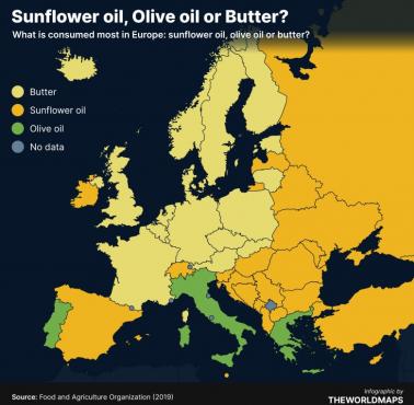 Który olej jest najczęściej spożywany w Europie: słonecznikowy, z oliwy z oliwek czy masło?, 2019