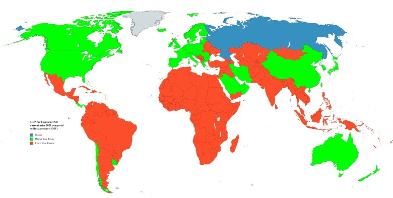 PKB na osobę (per capita) w dolarach, cena bieżąca, 2021 r. w porównaniu z Rosją, źródło: MFW