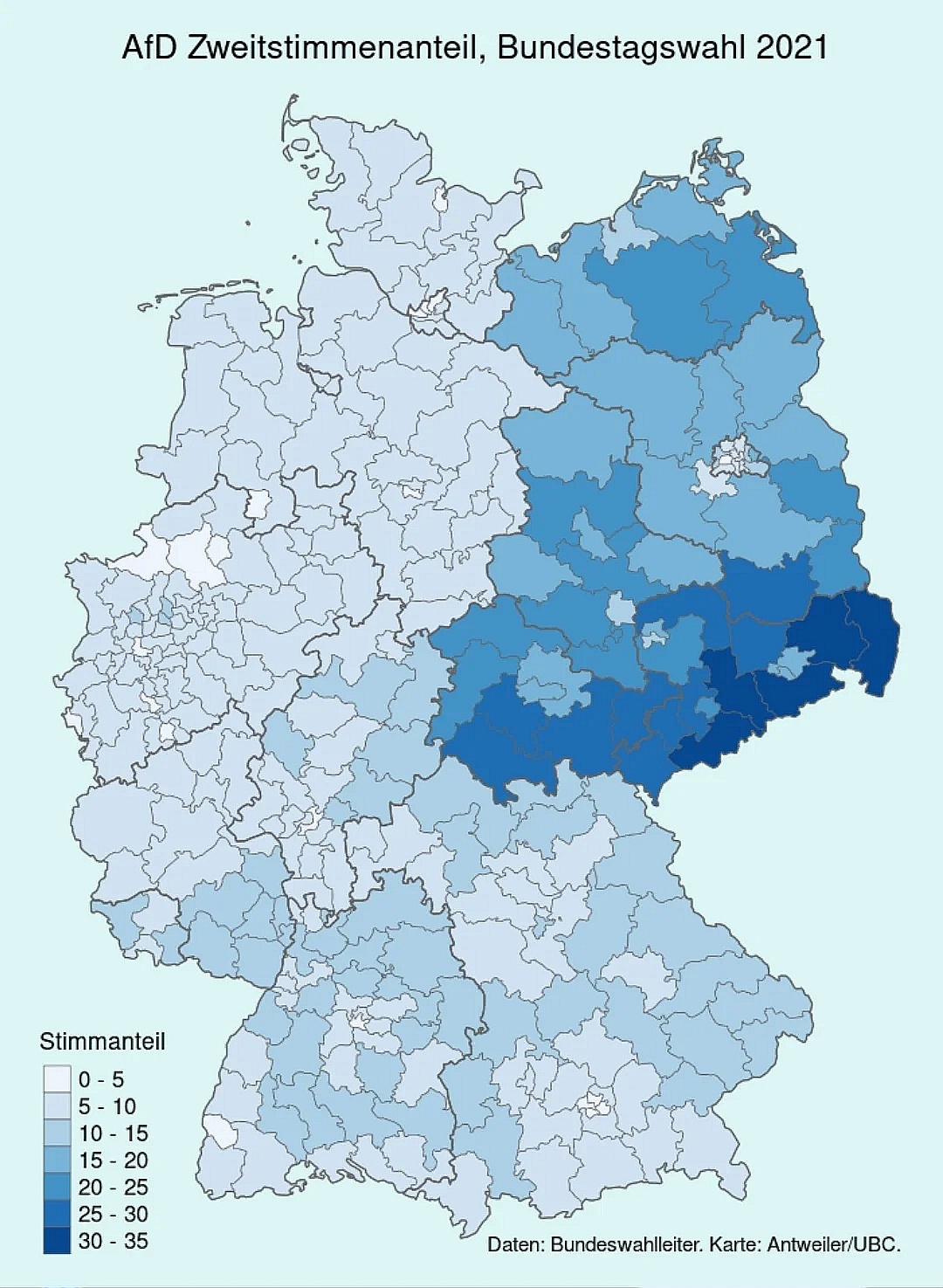 Głosy na antyemigrancką niemiecką AfD w wyborach do UE w 2021 r. według okręgów