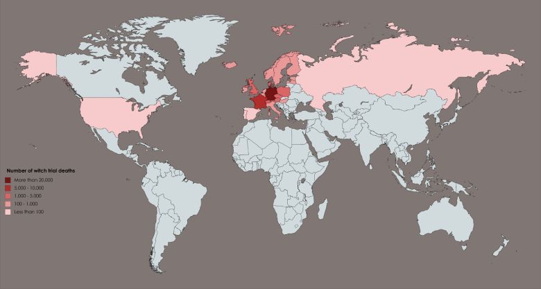 Liczba procesów sądowych czarownic zakończony wyrokiem śmierci w krajach zachodnich między 1300 a 1800 rokiem