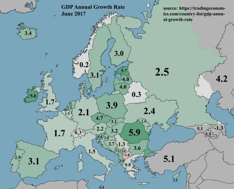 Roczny wskaźnik wzrostu PKB w Europie (czerwiec 2017 r.)