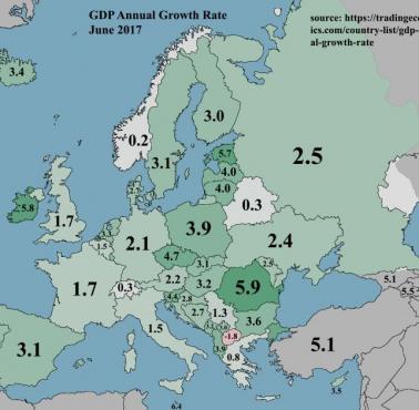Roczny wskaźnik wzrostu PKB w Europie (czerwiec 2017 r.)