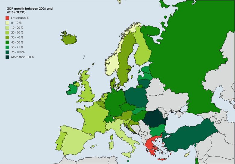 Wzrost PKB w poszczególnych europejskich krajach w latach 2006-2016