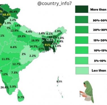 Odsetek muzułmanów w prowincjach Pakistanu, Indii, Bangladeszu i Sri Lanki (na podstawie cenzusów od 2010 roku)