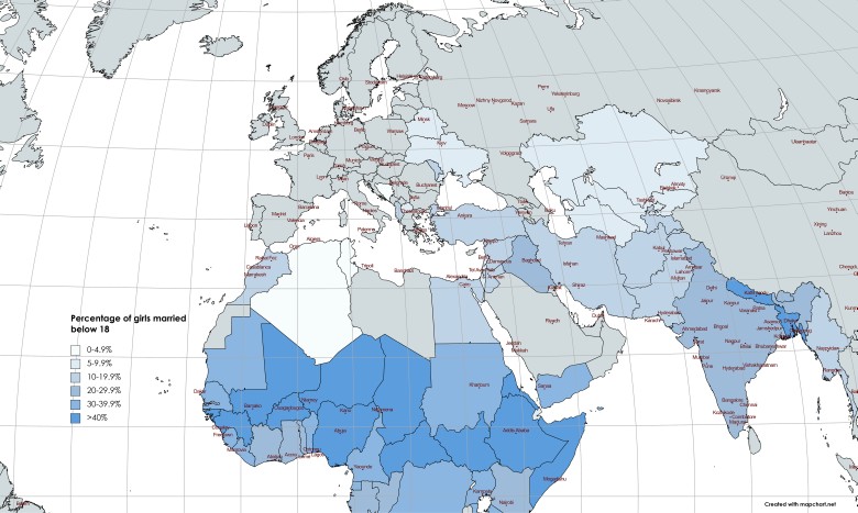 Odsetek dziewcząt zamężnych do 18 roku życia, Afryka, Europa, Bliski Wschód, Azja Południowa ...