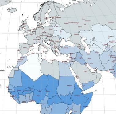 Odsetek dziewcząt zamężnych do 18 roku życia, Afryka, Europa, Bliski Wschód, Azja Południowa ...