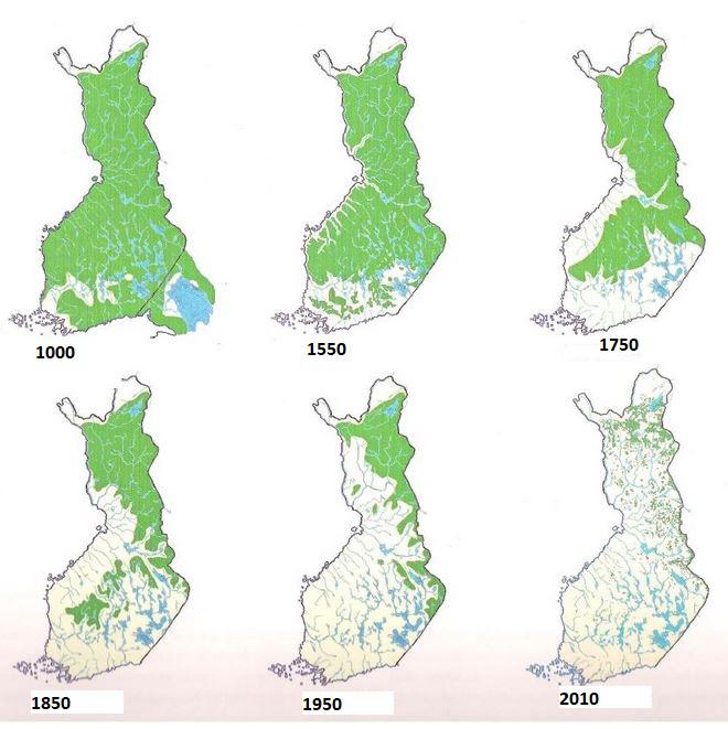 Starodrzew (lasy) w Finlandii od 1000, 1550, 1750, 1850, 1950 do 2010 roku