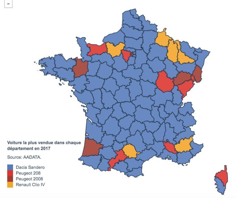 Najlepiej sprzedające się samochody w poszczególnych departamentach Francji, 2017