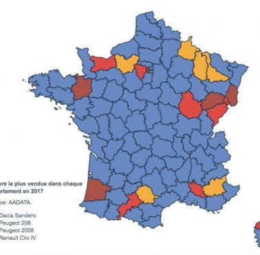 Najlepiej sprzedające się samochody w poszczególnych departamentach Francji, 2017