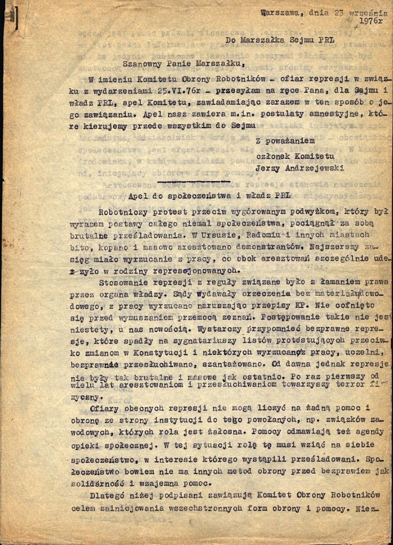 KOR (Komitet Obrony Robotników) Apel do społeczeństwa i władz PRL, 1976