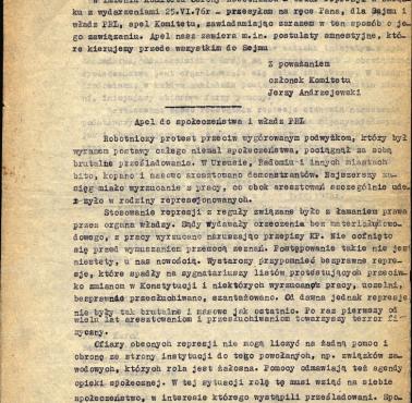 KOR (Komitet Obrony Robotników) "Apel do społeczeństwa i władz PRL", 1976