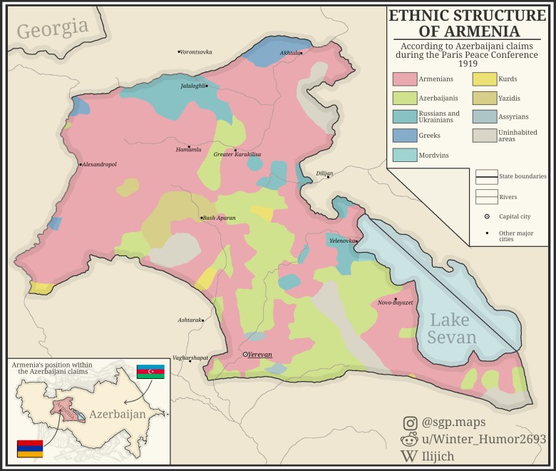 Mapa etniczna Armenii według roszczeń Azerbejdżanu podczas konferencji pokojowej w Paryżu w 1919 r.