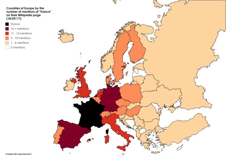 Kraje Europy według liczby wzmianek o Francji na ich stronach Wikipedii, dane 2017.09