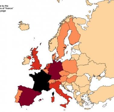 Kraje Europy według liczby wzmianek o Francji na ich stronach Wikipedii, dane 2017.09