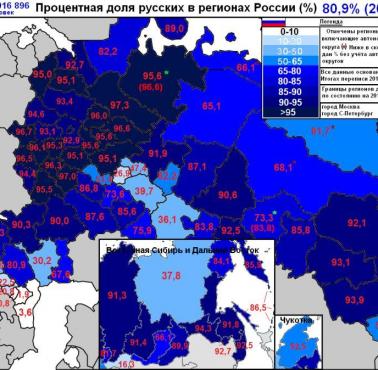 Procent etnicznych Rosjan w poszczególnych regionach Federacji Rosyjskiej, 2010