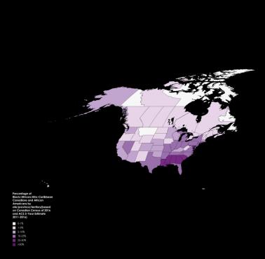 Procent Afroamerykanów (w tym afrokaraibskich) w poszczególnych stanach USA i regionach Kanady, 2011-2016