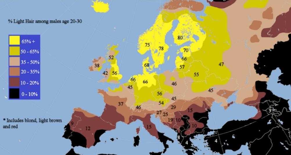 Odsetek jasnych włosów wśród mężczyzn (20-30 lat) w Europie