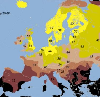 Odsetek jasnych włosów wśród mężczyzn (20-30 lat) w Europie
