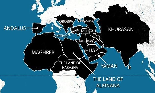 Plany terytorialne państwa islamskiego (ISIS) w 2014. Taki zasięg miało osiągnąć do 2019 roku