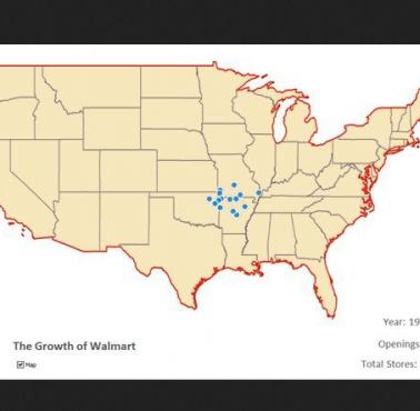 Ekspansja sieci sklepów Walmart w USA, 1962 - 2006 (animacja)